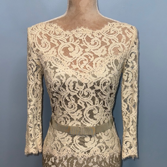 Tadashi Shoji Three-Quarter Sleeve Lace Sheath Dress in Cream and Tan Size 2 - Picture 3 of 16